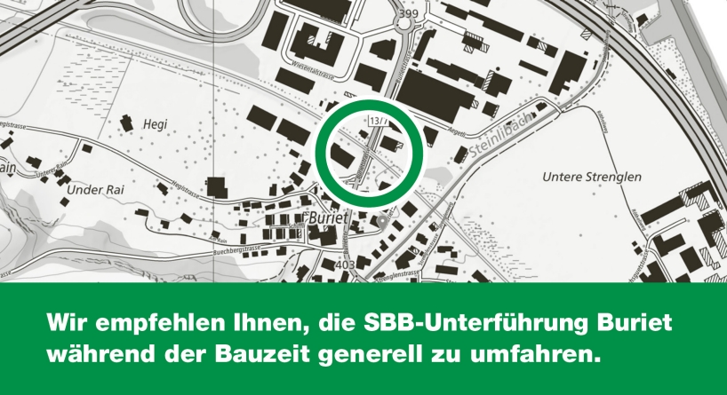 Kartenausschnitt von Buriet. Die SBB-Unterführung ist grün umkreist.